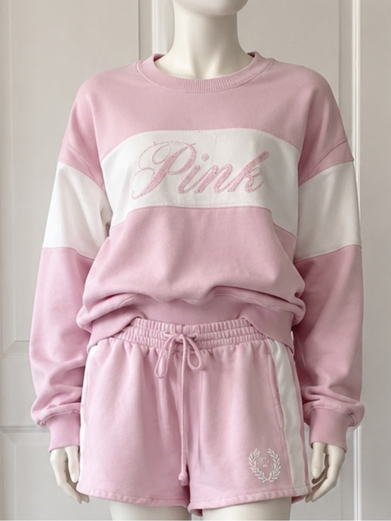 PINK Victoria's Secret Sweaters - PINK Victoria's Secret Pink and White Colorblock Crewneck Sweatshirt